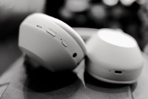 a pair of white computer mice